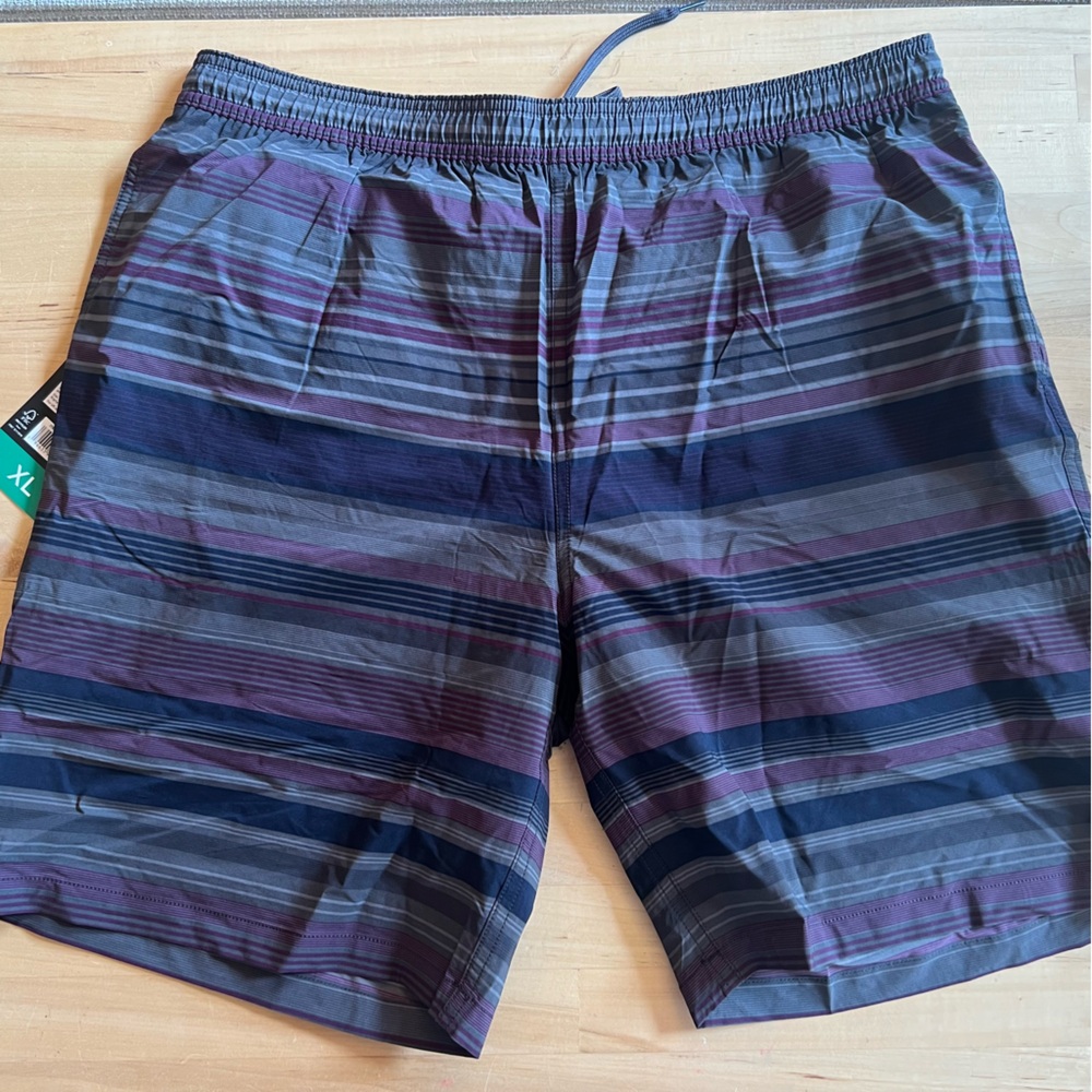 NWT Kirkland Men's XL swim trunks bathing suit Striped Shorts grey maroon navy
